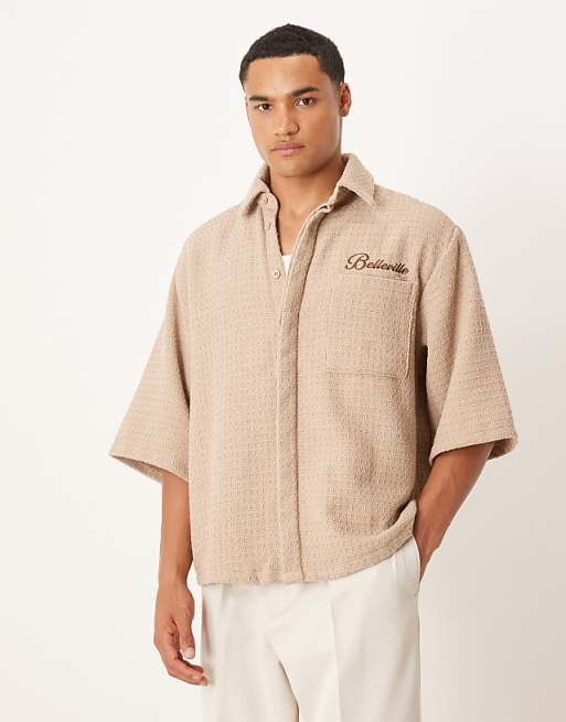 DESIGN oversized crochet shirt with half sleeve and embroidery in tan