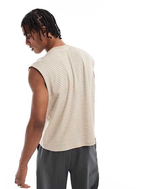 DESIGN Oversized Crop Striped Tank In Beige And White