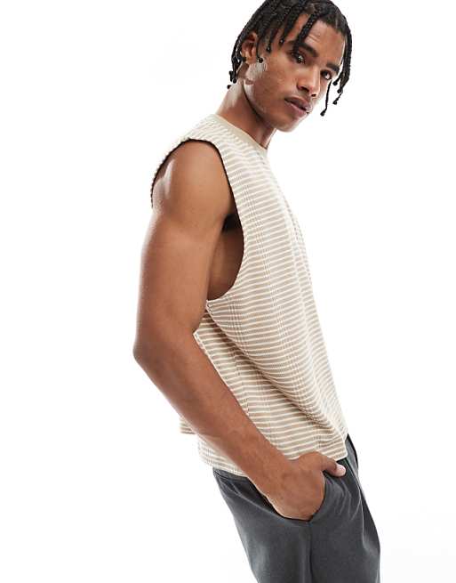 DESIGN oversized crop striped tank in beige and white