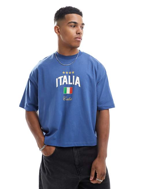 DESIGN oversized cropped t-shirt in blue with Italy graphic