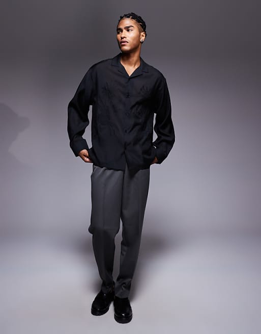 DESIGN Oversized Deep Revere Shirt With Tonal Placement Embroidery In Black