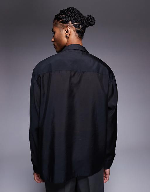 DESIGN Oversized Deep Revere Shirt With Tonal Placement Embroidery In Black
