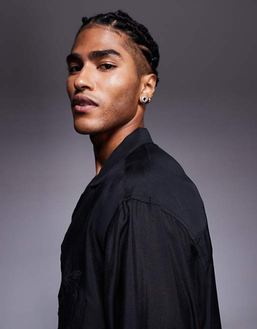 DESIGN Oversized Deep Revere Shirt With Tonal Placement Embroidery In Black
