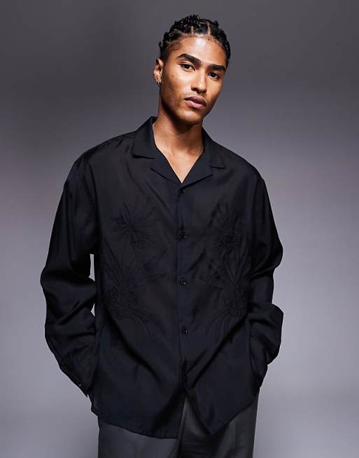 DESIGN oversized deep revere shirt with tonal placement embroidery in black