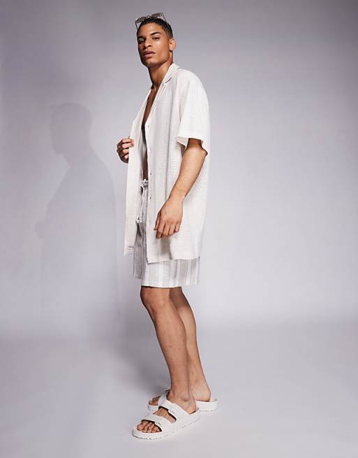 DESIGN Oversized Deep Revere Textured Long Length Shirt In Off White