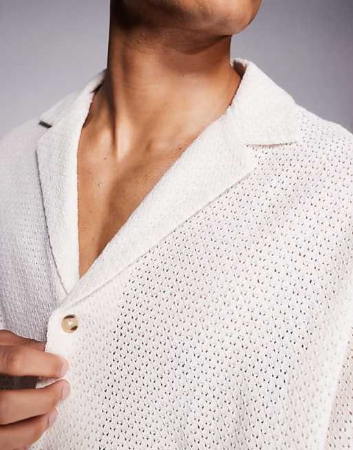 DESIGN Oversized Deep Revere Textured Long Length Shirt In Off White