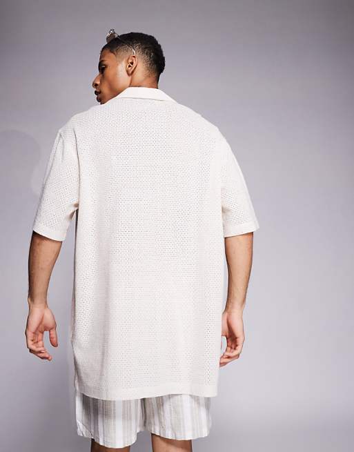 DESIGN Oversized Deep Revere Textured Long Length Shirt In Off White