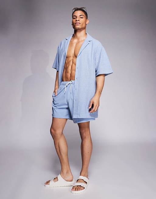 DESIGN Oversized Deep Revere Textured Long Length Shirt In Blue