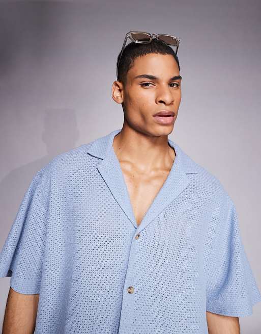 DESIGN Oversized Deep Revere Textured Long Length Shirt In Blue