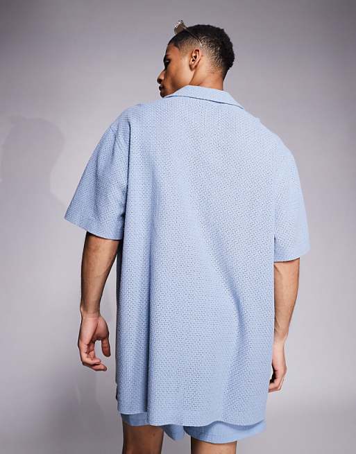 DESIGN Oversized Deep Revere Textured Long Length Shirt In Blue