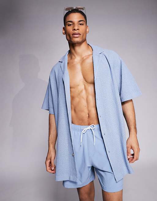 DESIGN oversized deep revere textured long length shirt in blue