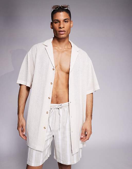 DESIGN oversized deep revere textured long length shirt in off white
