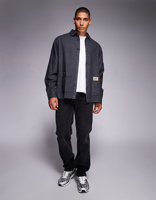 DESIGN Oversized Denim Look Shirt With Badge Detail In Washed Black
