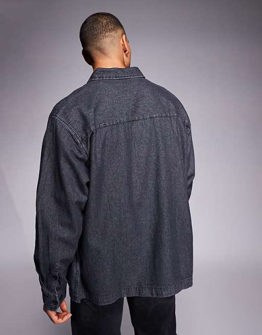 DESIGN Oversized Denim Look Shirt With Badge Detail In Washed Black