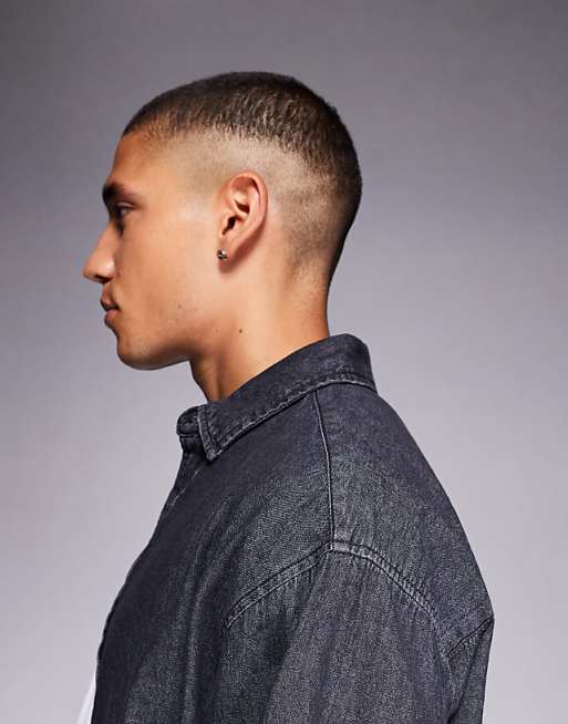 DESIGN Oversized Denim Look Shirt With Badge Detail In Washed Black