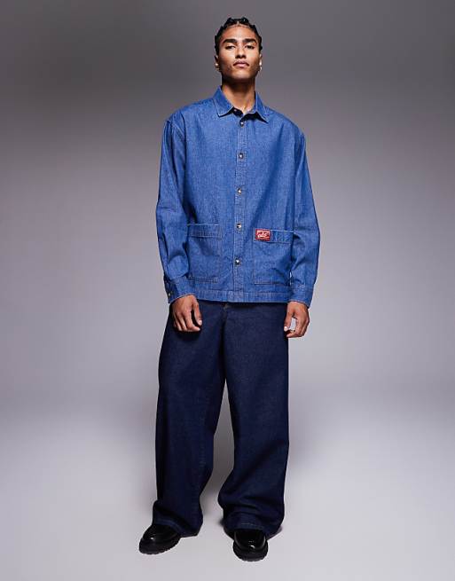 DESIGN Oversized Denim Look Shirt With Badge Detail In Blue