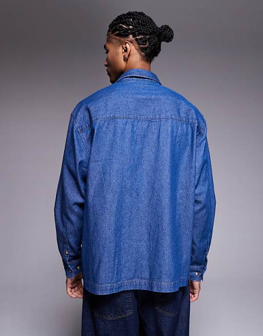 DESIGN Oversized Denim Look Shirt With Badge Detail In Blue