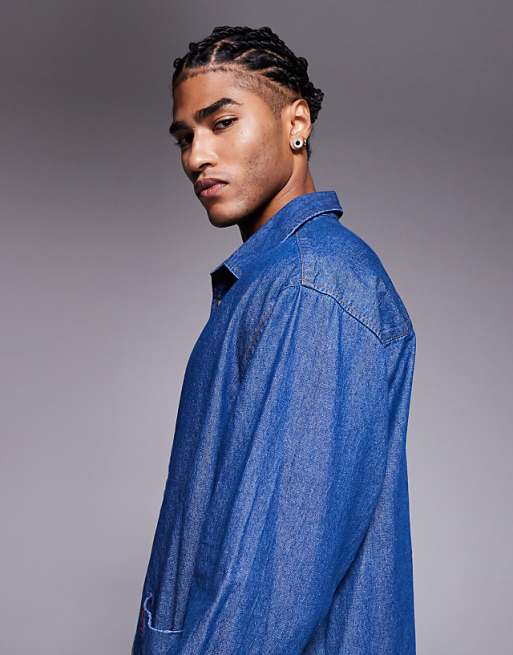 DESIGN Oversized Denim Look Shirt With Badge Detail In Blue