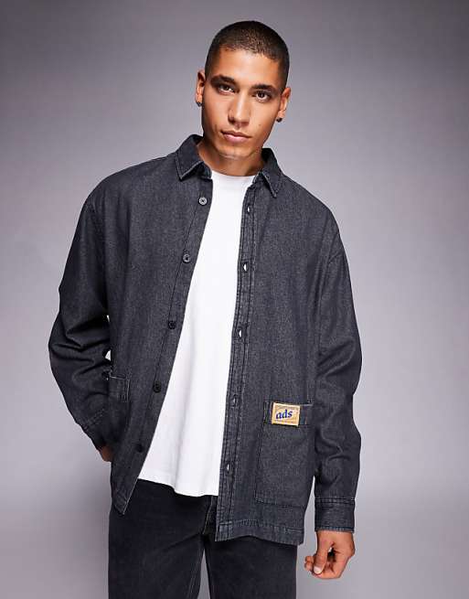 DESIGN oversized denim look shirt with badge detail in washed black