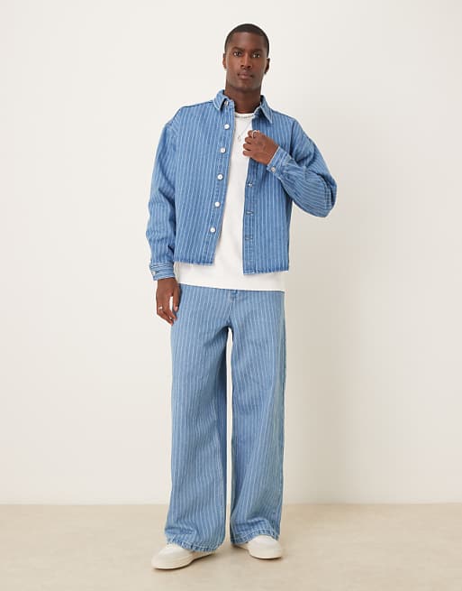 DESIGN oversized denim overshirt co-ord with super baggy jeans in stripe