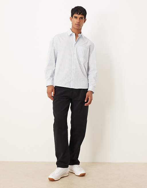 DESIGN Oversized Drop Shoulder Shirt With Embroidery In Blue And White Stripe