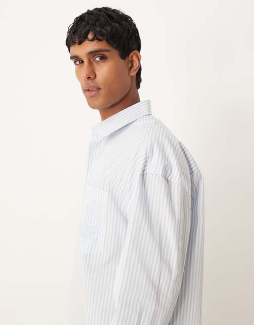 DESIGN Oversized Drop Shoulder Shirt With Embroidery In Blue And White Stripe