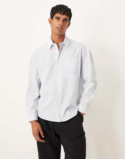 DESIGN oversized drop shoulder shirt with embroidery in blue and white stripe