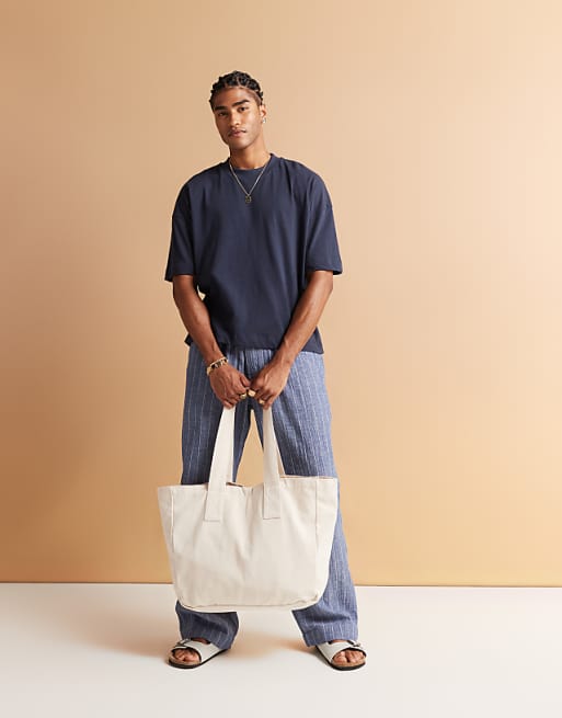 DESIGN Oversized Drop Shoulder T-shirt In Navy Linen Mix