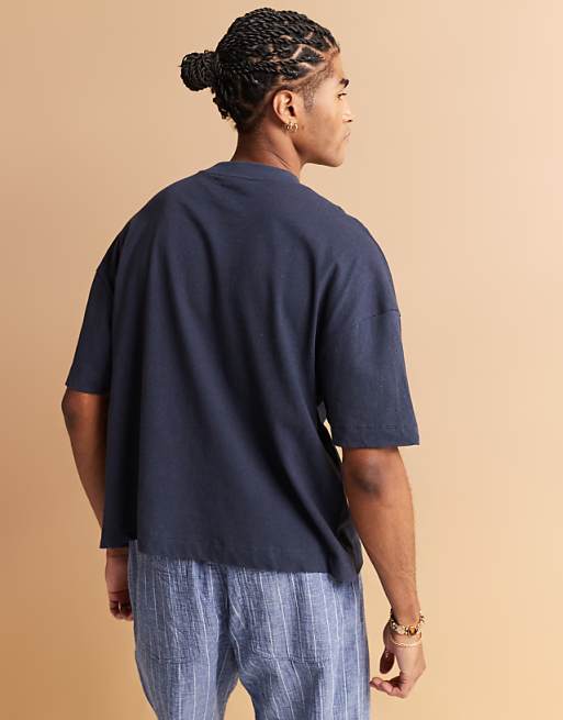 DESIGN Oversized Drop Shoulder T-shirt In Navy Linen Mix