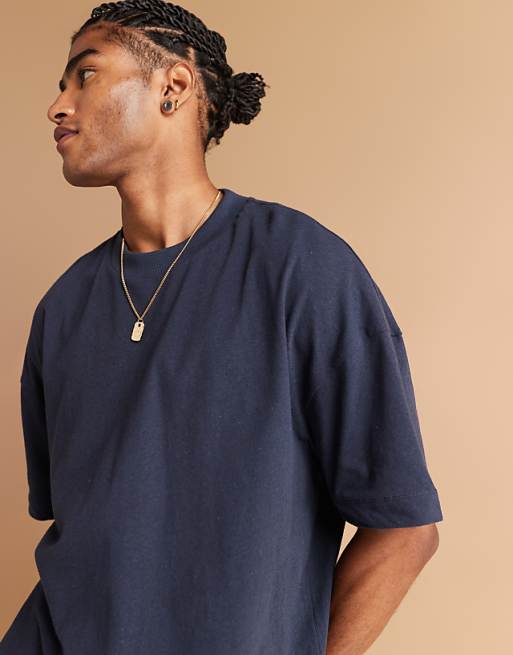DESIGN Oversized Drop Shoulder T-shirt In Navy Linen Mix