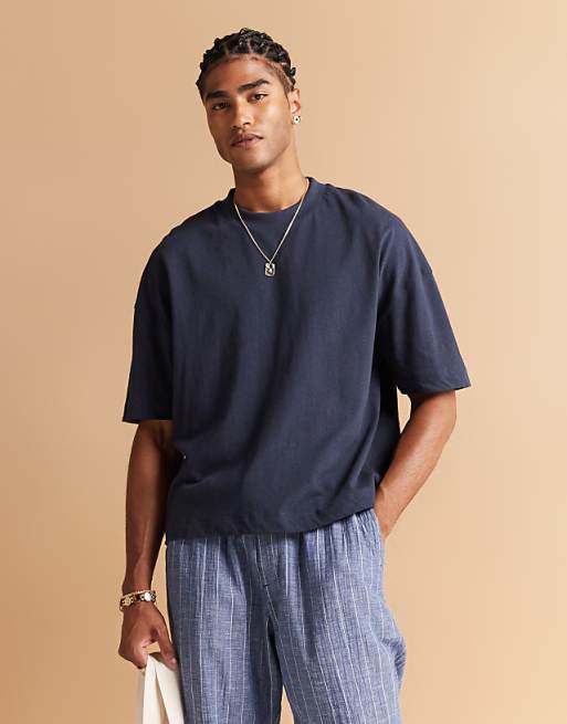 DESIGN oversized drop shoulder t-shirt in navy linen mix