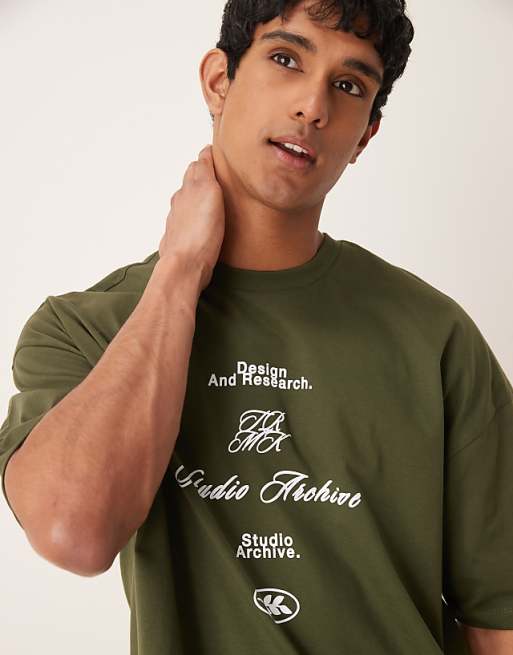 DESIGN Oversized Drop Shoulder T-shirt With Print In Dark Green