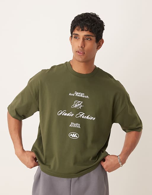 DESIGN Oversized Drop Shoulder T-shirt With Print In Dark Green