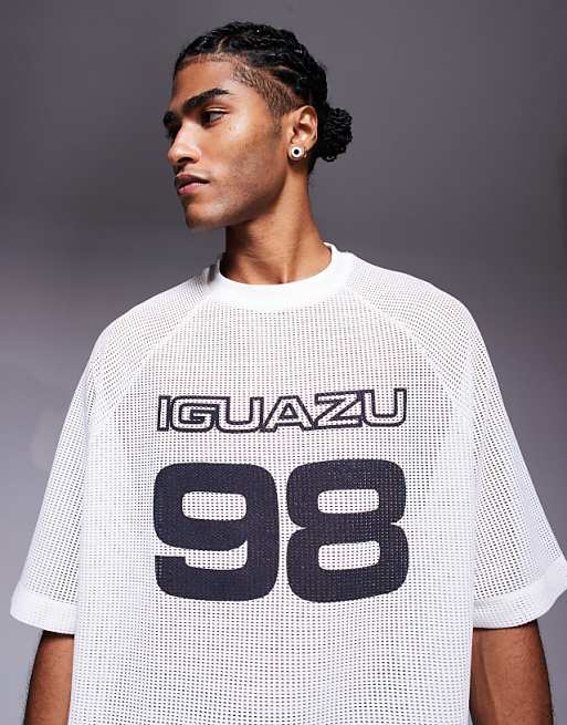 DESIGN oversized drop shoulder t-shirt with sport graphic in neutral cotton mesh