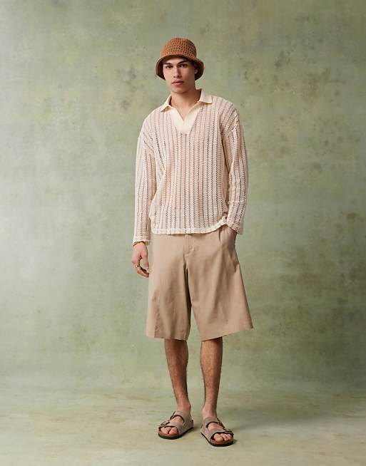 DESIGN Oversized Dropped Shoulder Polo In Beige Crochet