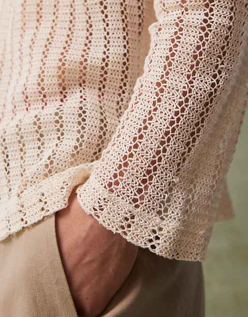DESIGN Oversized Dropped Shoulder Polo In Beige Crochet