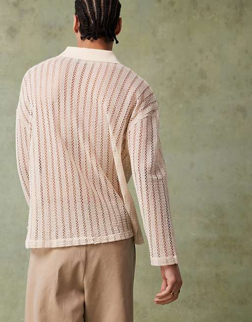 DESIGN Oversized Dropped Shoulder Polo In Beige Crochet