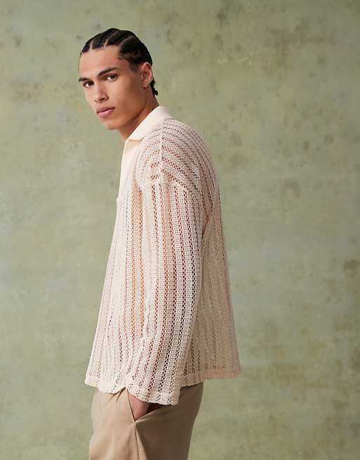 DESIGN oversized dropped shoulder polo in beige crochet