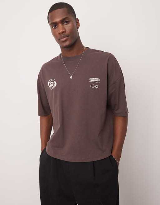 DESIGN Oversized Dropped Shoulder Tee With Print Detail In Brown