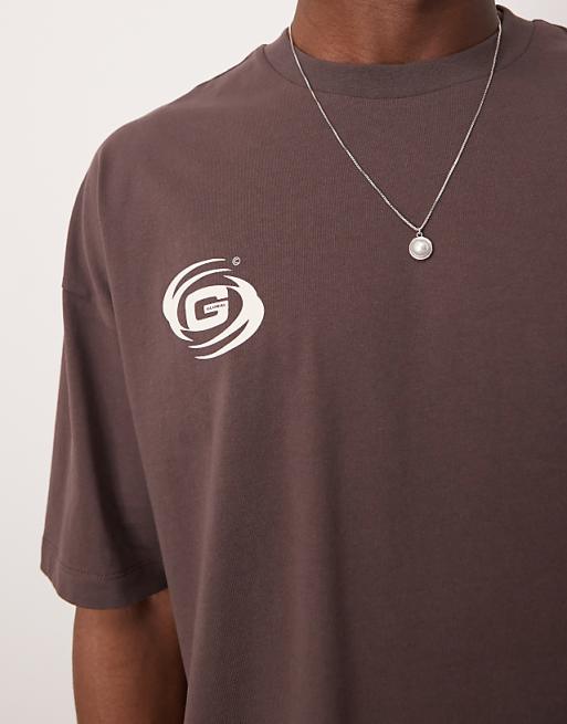 DESIGN Oversized Dropped Shoulder Tee With Print Detail In Brown