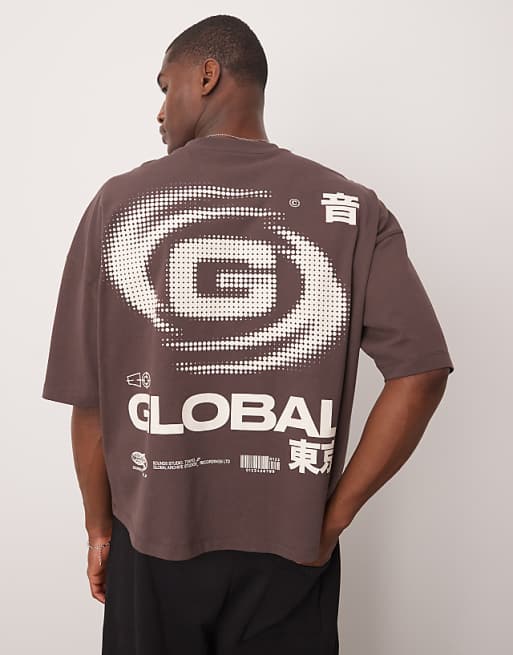 DESIGN oversized dropped shoulder tee with print detail in brown