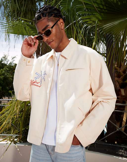 DESIGN Oversized Embroidered Harrington Jacket In Ecru