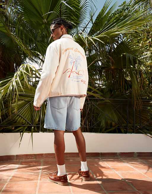 DESIGN Oversized Embroidered Harrington Jacket In Ecru
