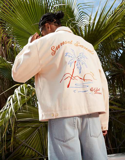 DESIGN oversized embroidered harrington jacket in ecru