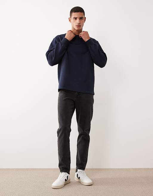 DESIGN Oversized Fit Henley In Navy Pique Cotton