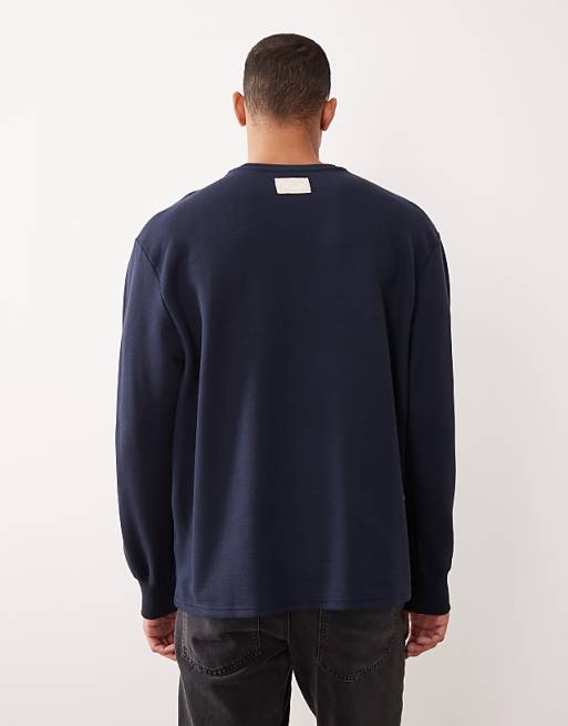 DESIGN Oversized Fit Henley In Navy Pique Cotton