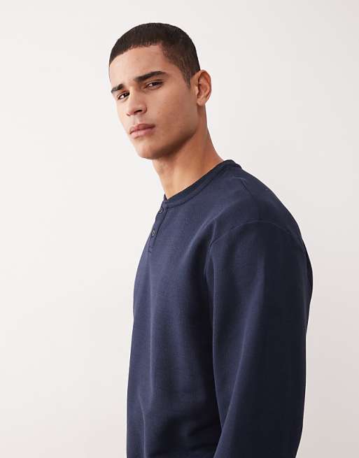 DESIGN Oversized Fit Henley In Navy Pique Cotton