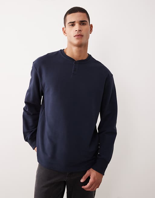 DESIGN oversized fit henley in navy pique cotton