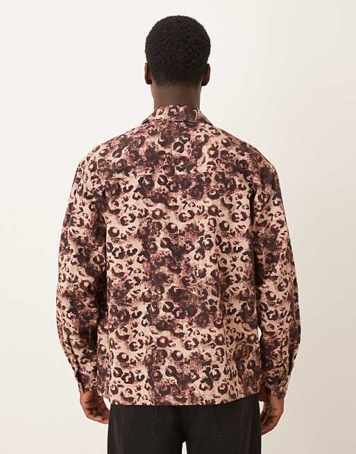 DESIGN Oversized Fit Leopard Printed Shirt With Pocket Detail In Heavy Twill