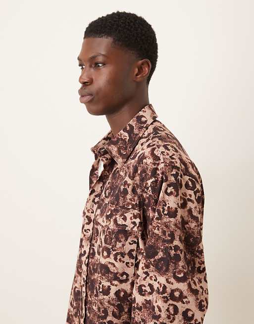DESIGN Oversized Fit Leopard Printed Shirt With Pocket Detail In Heavy Twill